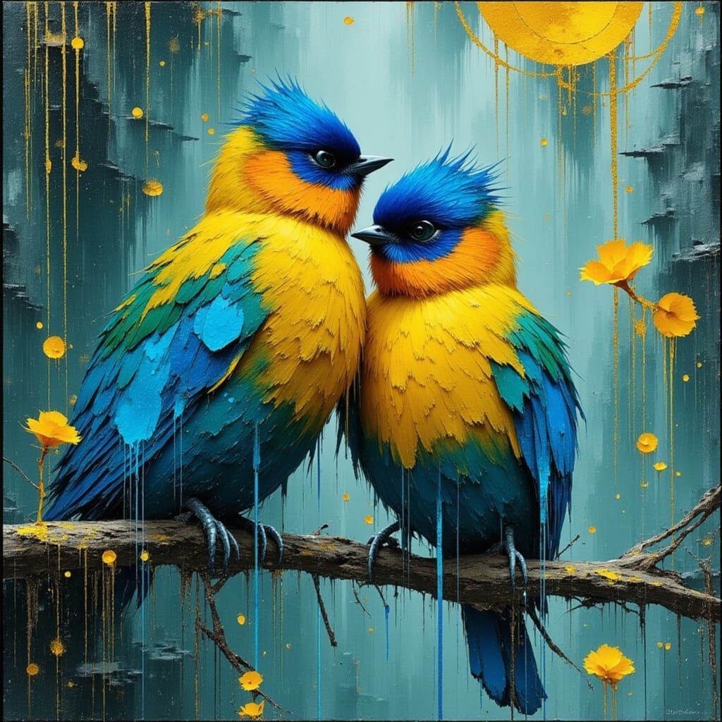 Sapphire and Citrine Lovebirds in a Glimmering Storm