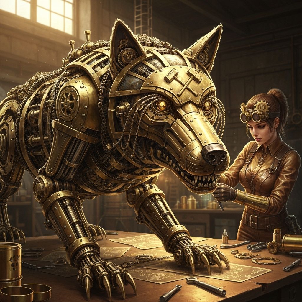 Steampunk Mechanical Wolf on Engineer's Table