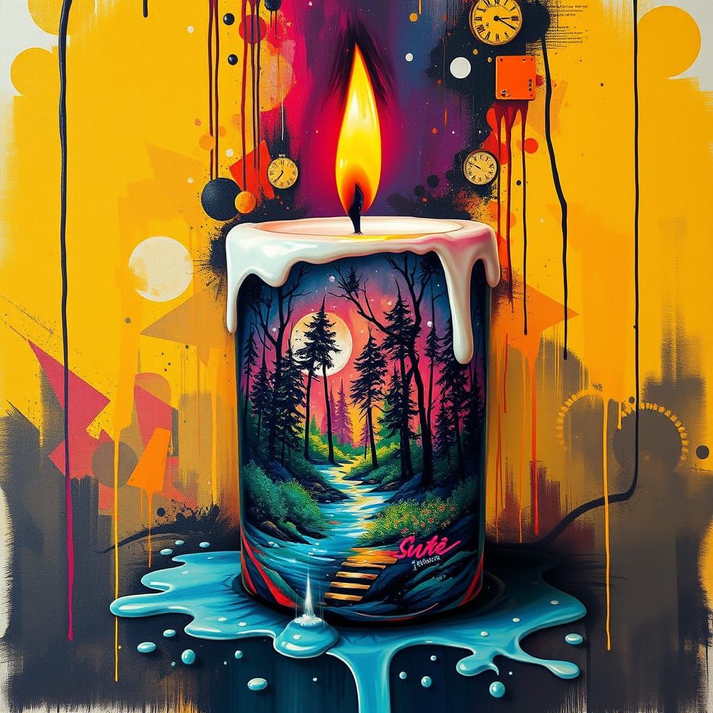Melting Candle Reveals Forest: Graffiti Art Style