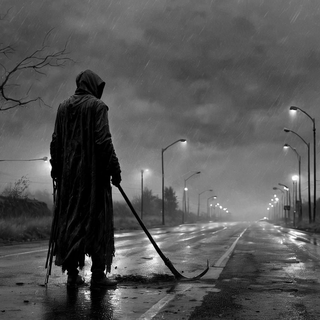 Sad Grim Reaper Hitchhiking in the Rain: Charcoal Art