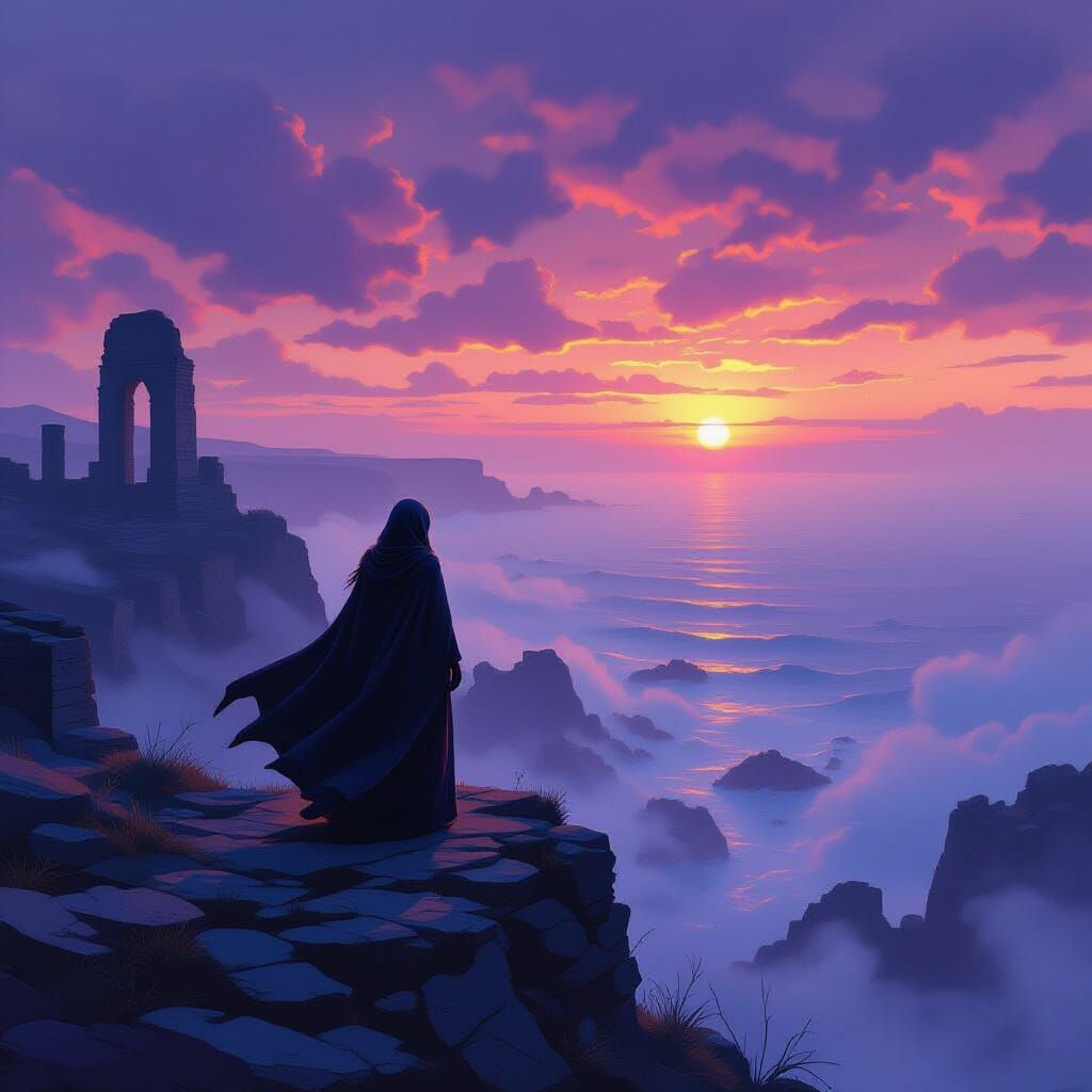 Woman on Cliff Overlooking Misty Ocean at Sunset