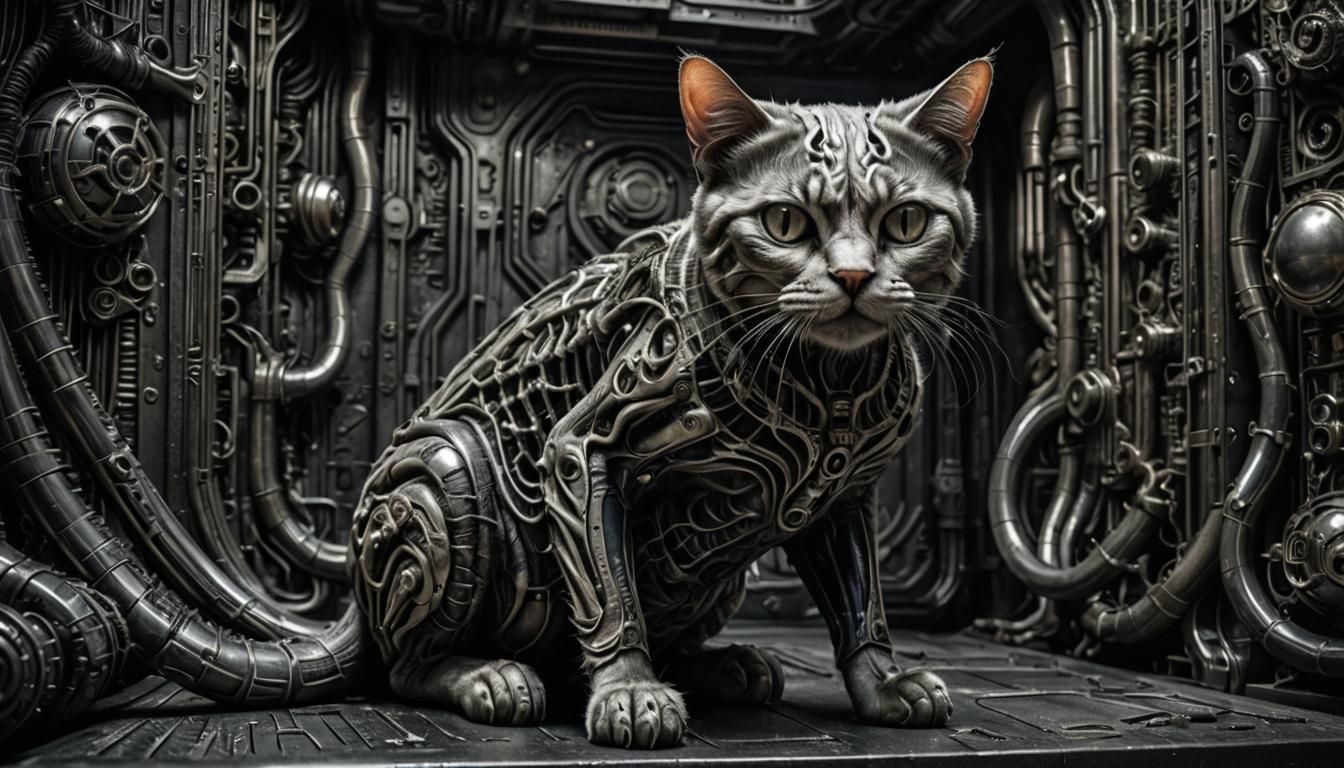 Hyperrealistic Cat in Giger Style, Intricate Details