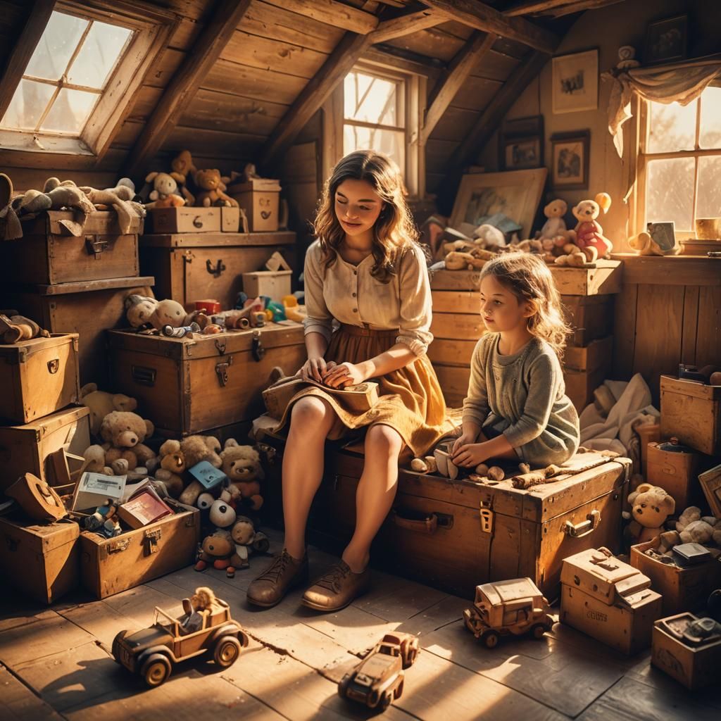 Cozy Attic Scene: Mother and Daughter in Expressionism Style