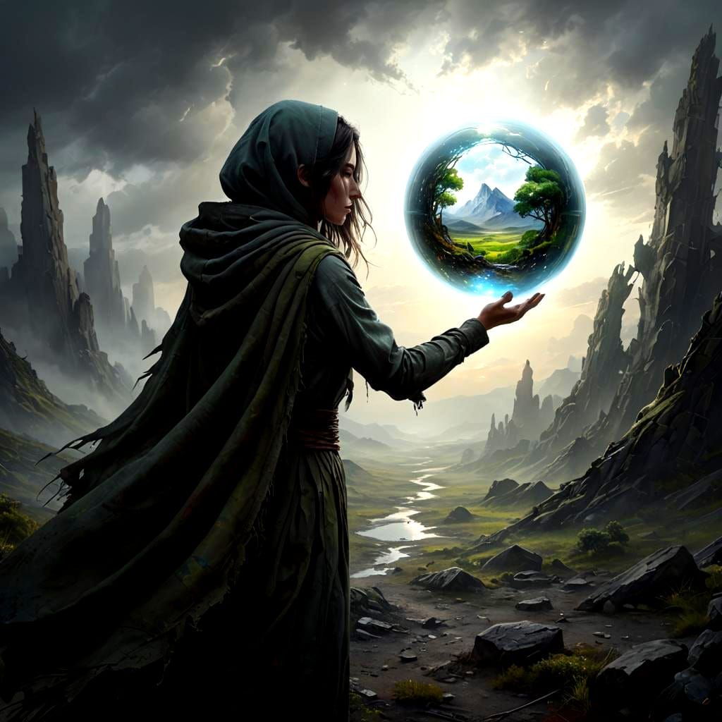 Woman Touches Orb Displaying Beautiful Landscape