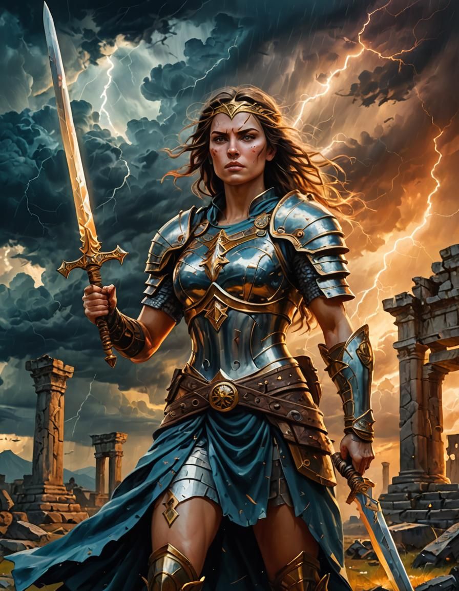 Epic Female Warrior with Glowing Sword in Surreal Oil Painti...