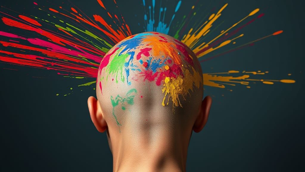 Artist's Vibrant Pointillist Masterpiece on Bald Man's Head