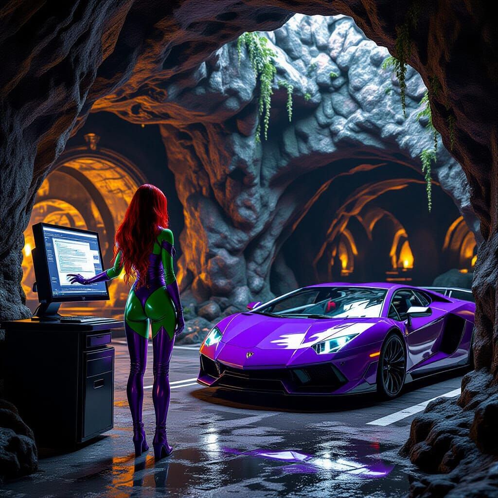 Fantasy Cave with Sports Car and Woman at Computer