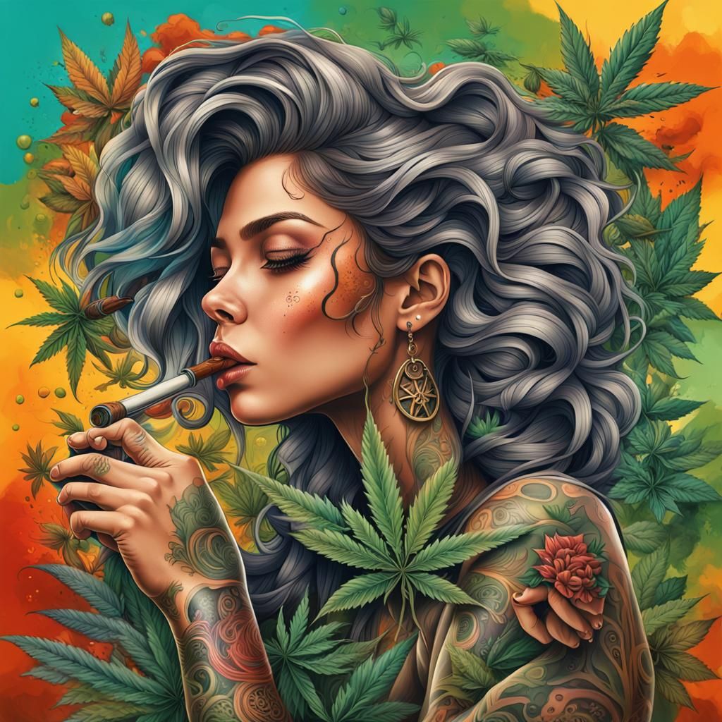 Hyperrealistic Woman with Pipe in Marijuana Garden