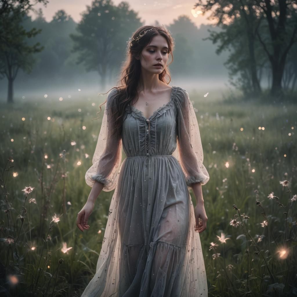 Ethereal Princess in Moonlit Meadow: Gothic Romanticism