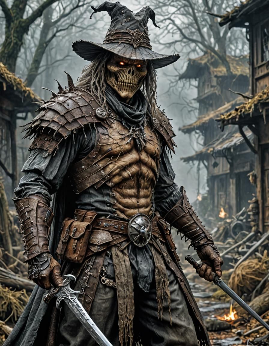 Scary Scarecrow Demon in Eerie Pumpkin Field