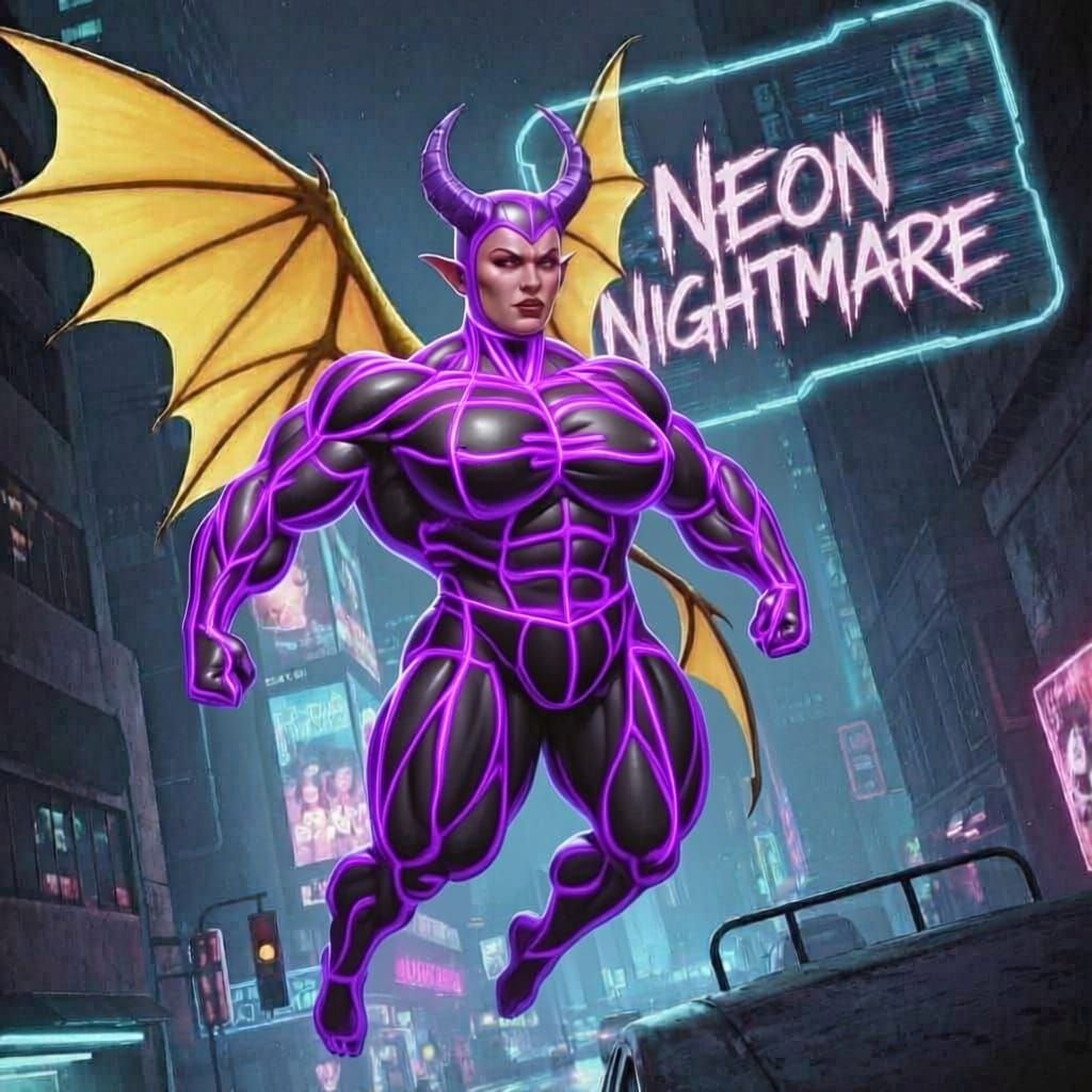 Muscular Latex Demon Fairy in Neon City