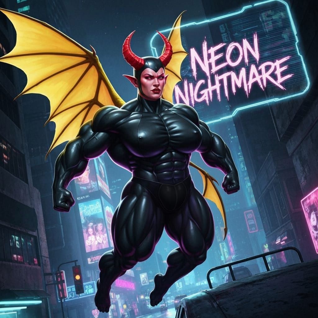 Muscular Demon Fairy Soars Through Neon Cityscape