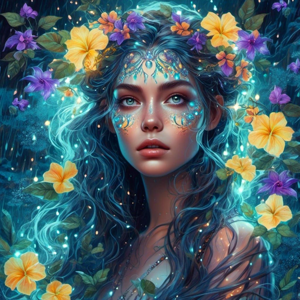 Night Jungle Elf Woman with Waterfall