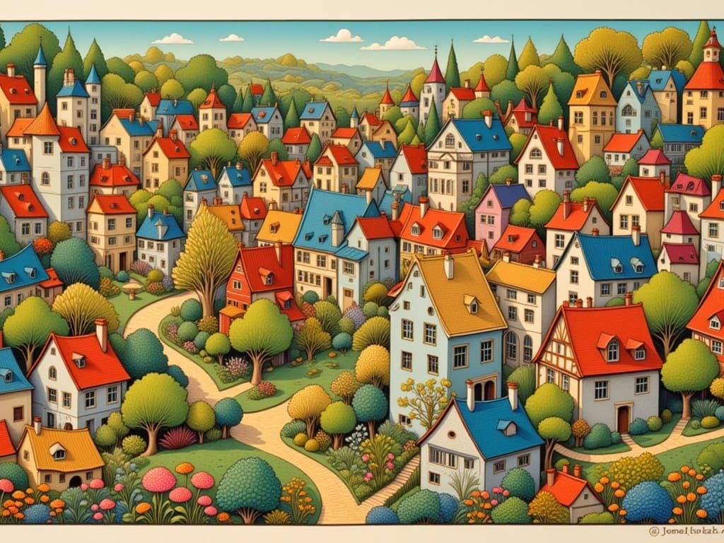Enchanting Whimsical Townscape in Vibrant Colors