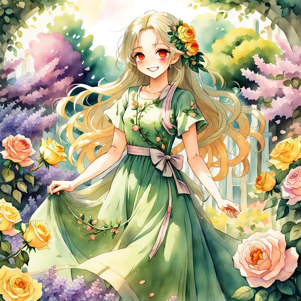 Anime-Inspired Watercolor of Woman in Floral Dress
