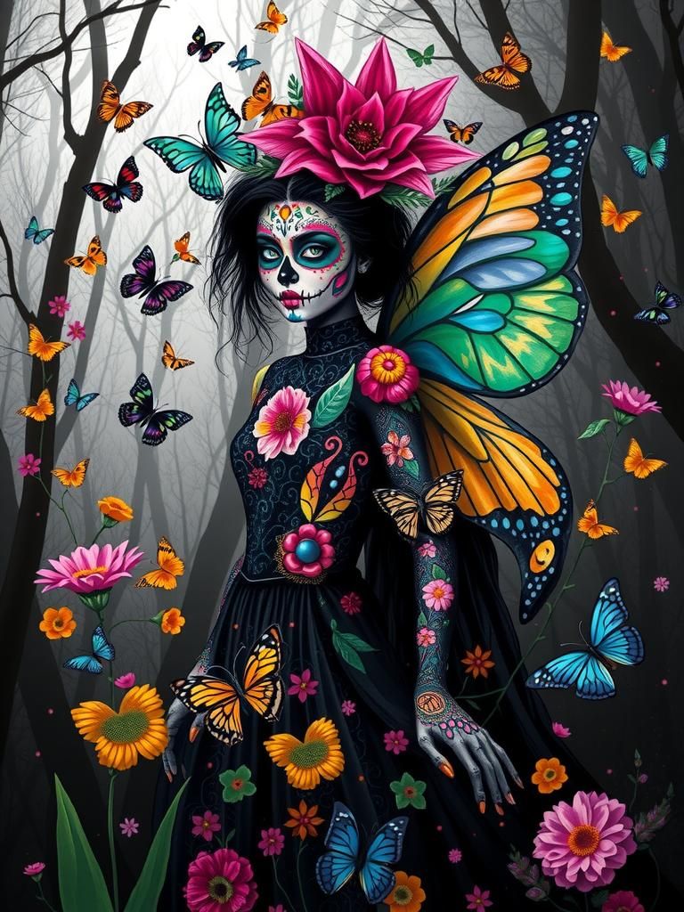 Flower Fairy with Día de los Muertos Face Paint