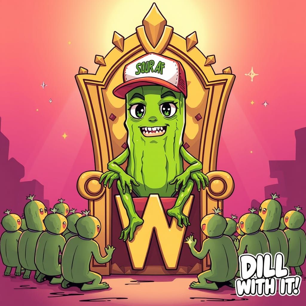 Smug Pickle Meme Lord on Throne, Deep-Fried Art