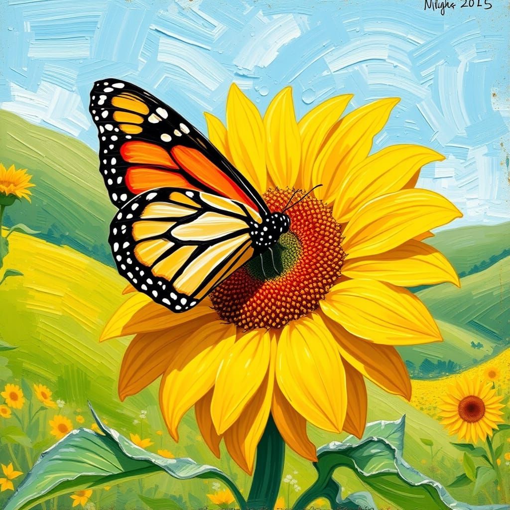 Monarch Butterfly in Impressionist Garden Scene