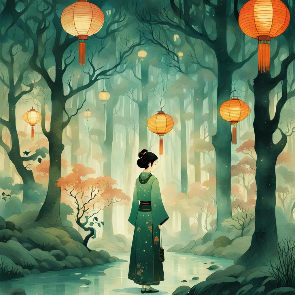 Girl with Lantern in Misty Forest, Watercolor Style