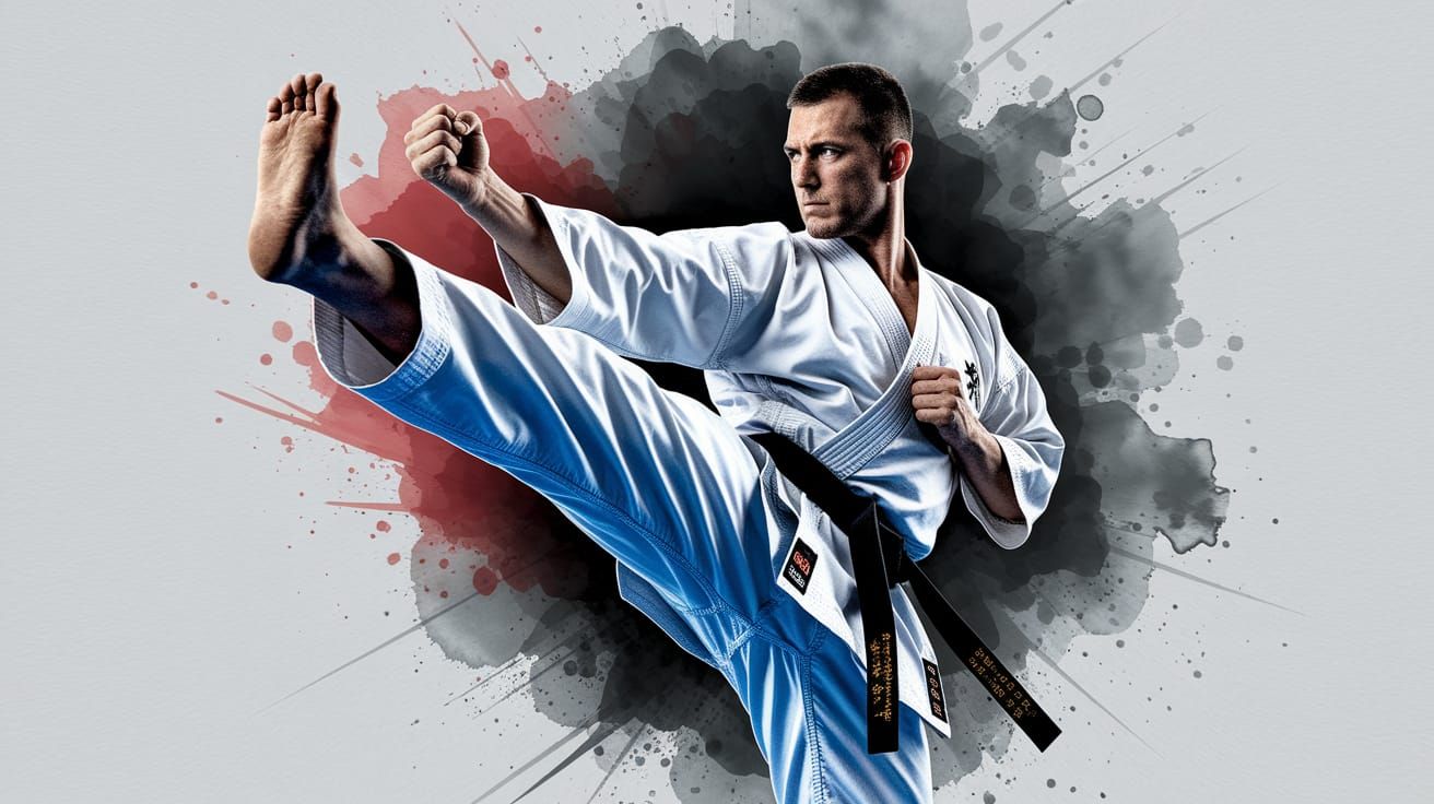 Karate Master Front Kick in Watercolor Style