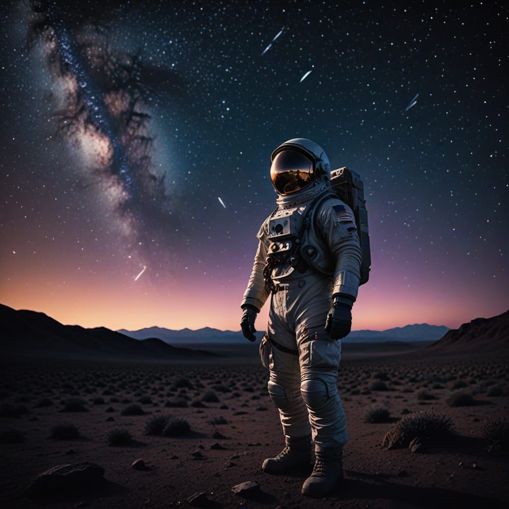 Astronaut Contemplates Starry Skies on Deserted Planet