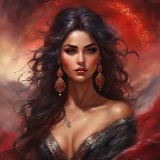 Modern Mexican Girl Portrait in Dark Red and Black