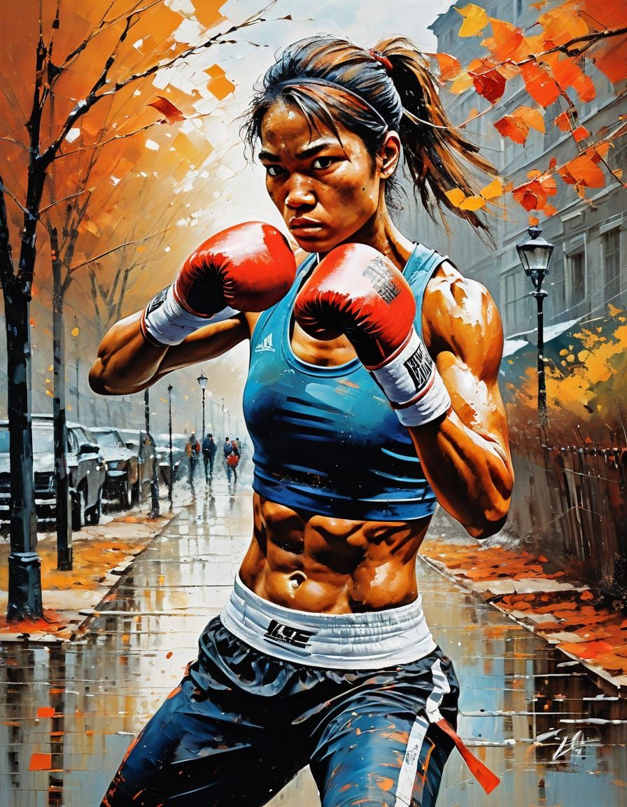 Female Boxer Training Amidst Autumn Colors