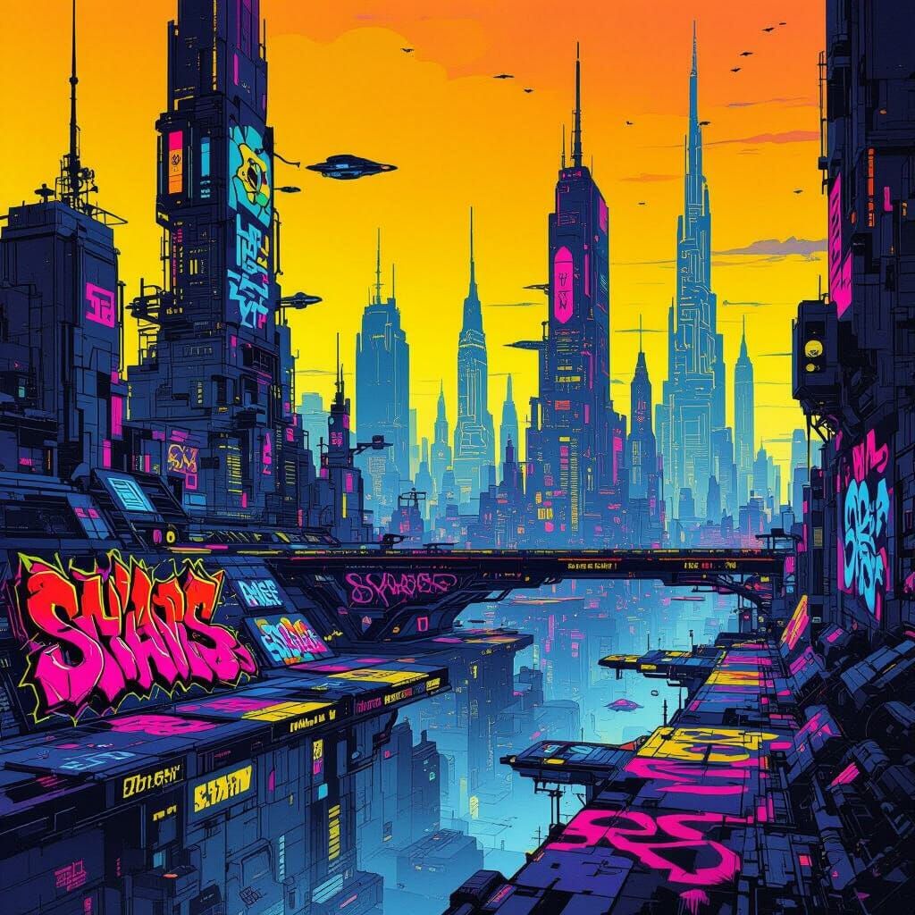 Futuristic Graffiti Cityscape in Moebius Style