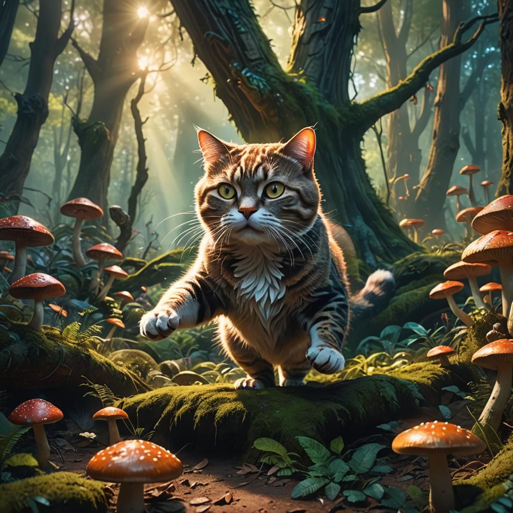 Bully Cat Workout in Mystical Forest: Fantasy Art