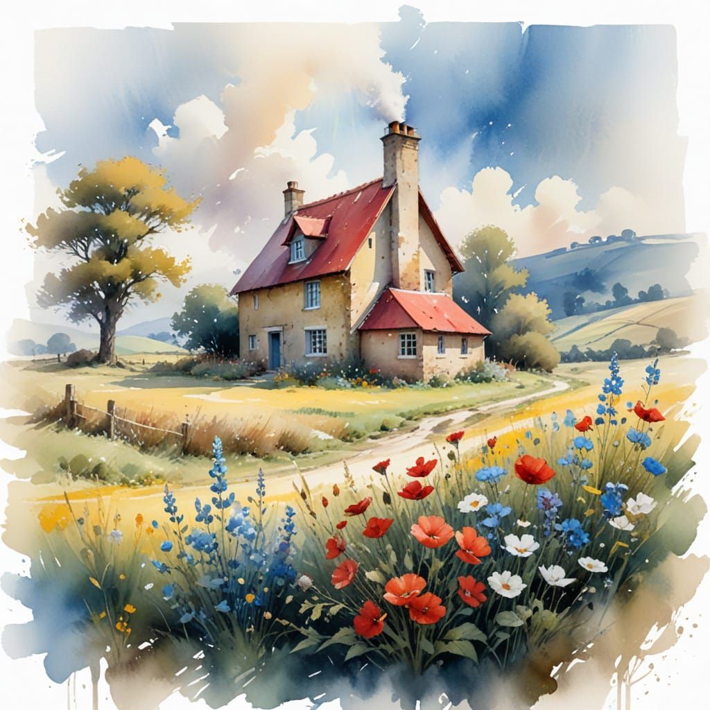 Sunlit Farmhouse in Wildflower Meadow Watercolor Painting