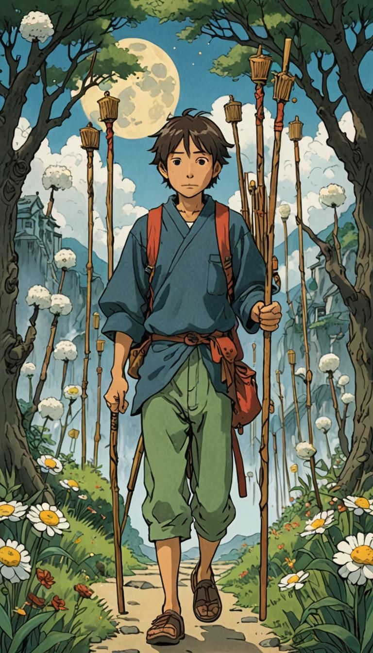 Ten of Wands Tarot Card in Ghibli Style