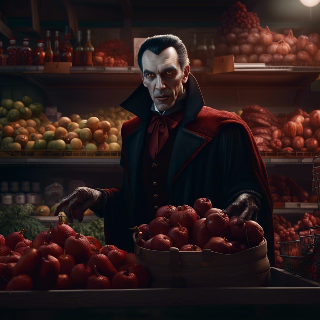 Dracula's Grocery Store Adventure: A Detailed Fantasy Painti...
