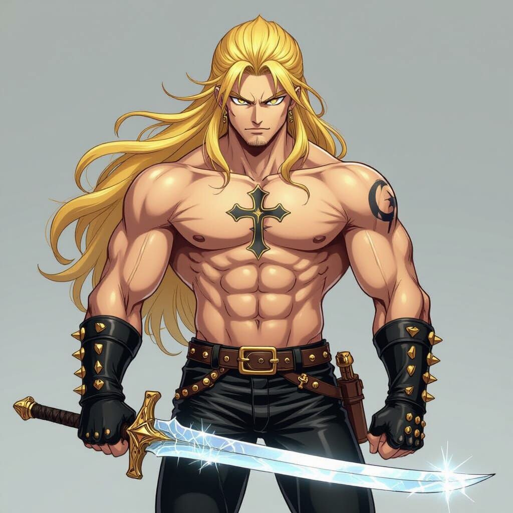 Imposing Blond Warrior with Light Dagger, Anime Style
