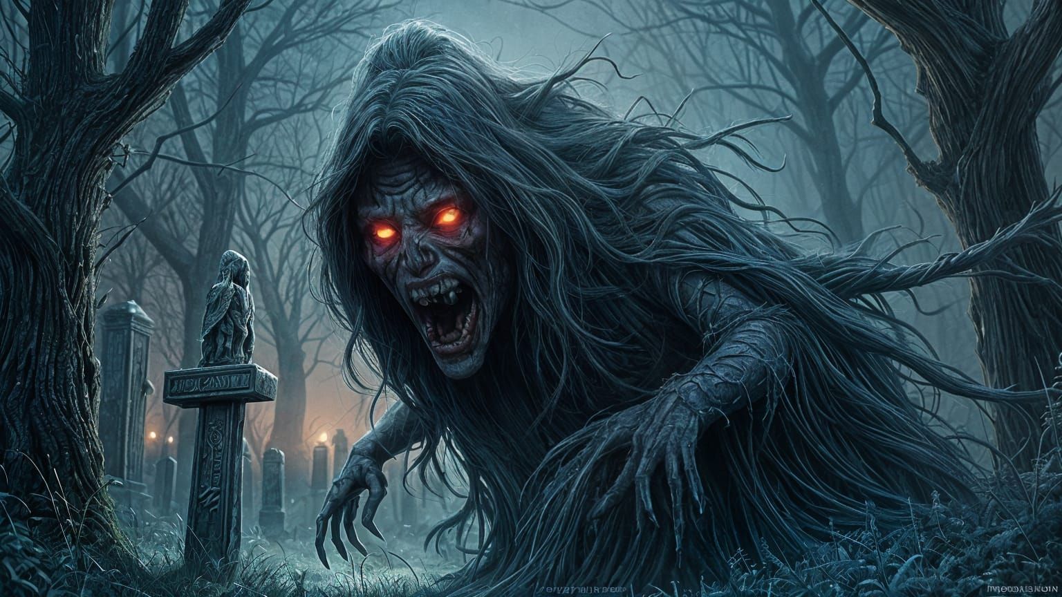 Ethereal Ghost in a Creepshow Comic Graveyard