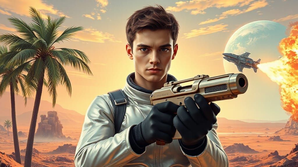 Space Warrior in Metallic Space Suit, Holding Blaster Amidst...