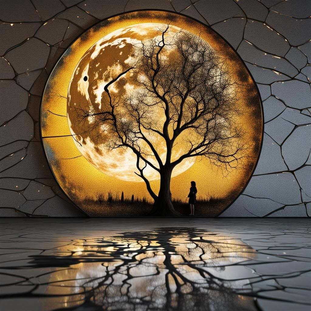 Golden Cracks Landscape with Full Moon in Shattered Glass Ar...