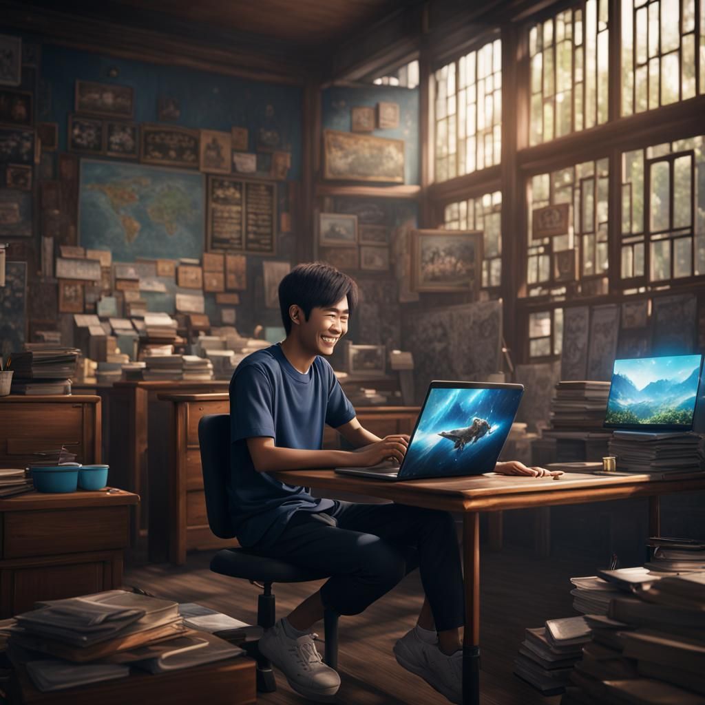 Thai Student Smiling with Laptop: Detailed Matte Painting