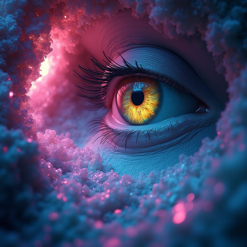 Hyperrealistic Eye Emerges from Vibrant Crystal Cave
