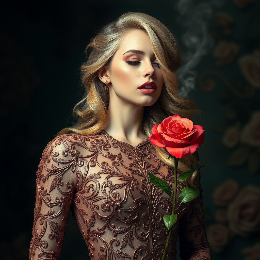 Hyperrealistic Woman Smelling a Rose in Latex