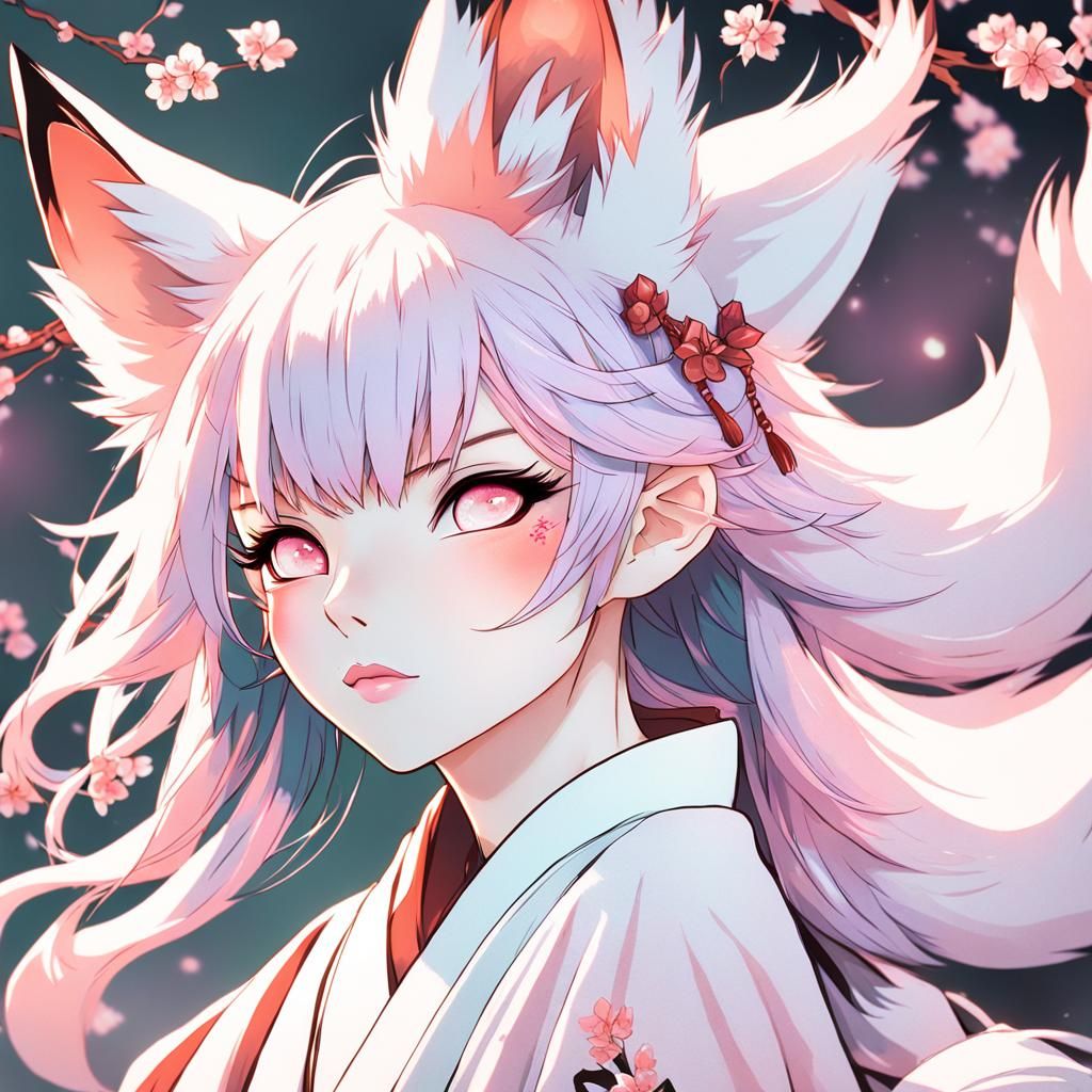 Witch with fox ears and fox tail wearing a kimono