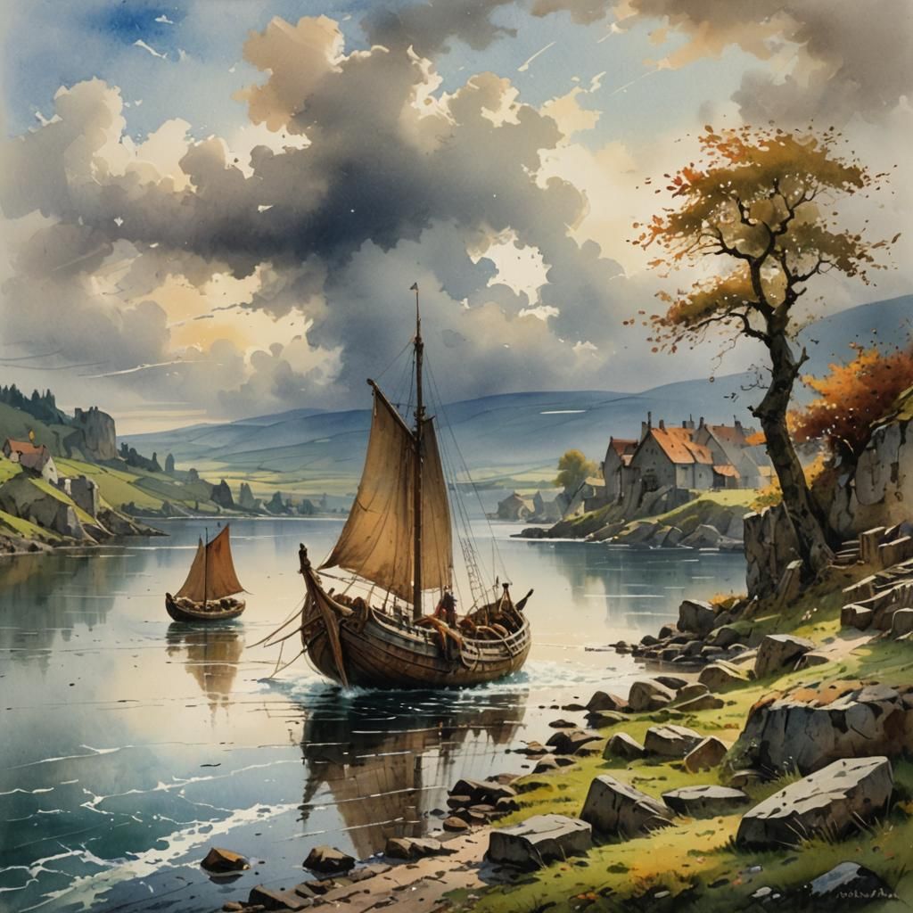 Viking Rune Stone and Longship Watercolor