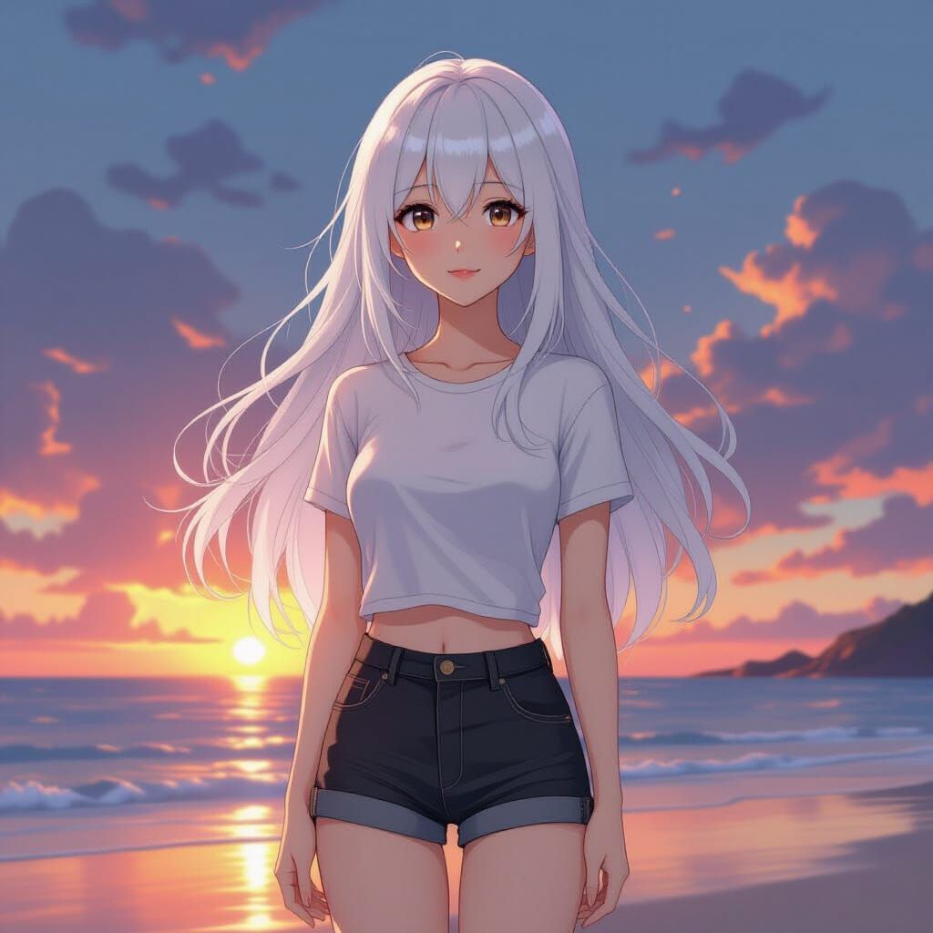 Anime Girl on Beach in Vibrant Anime Style