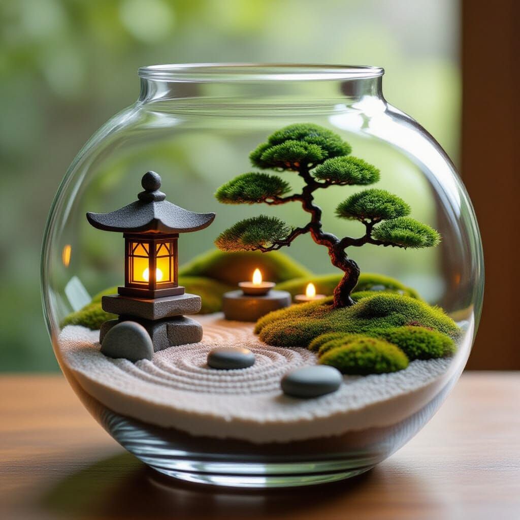Zen Garden Terrarium with Bonsai in Earth Tones
