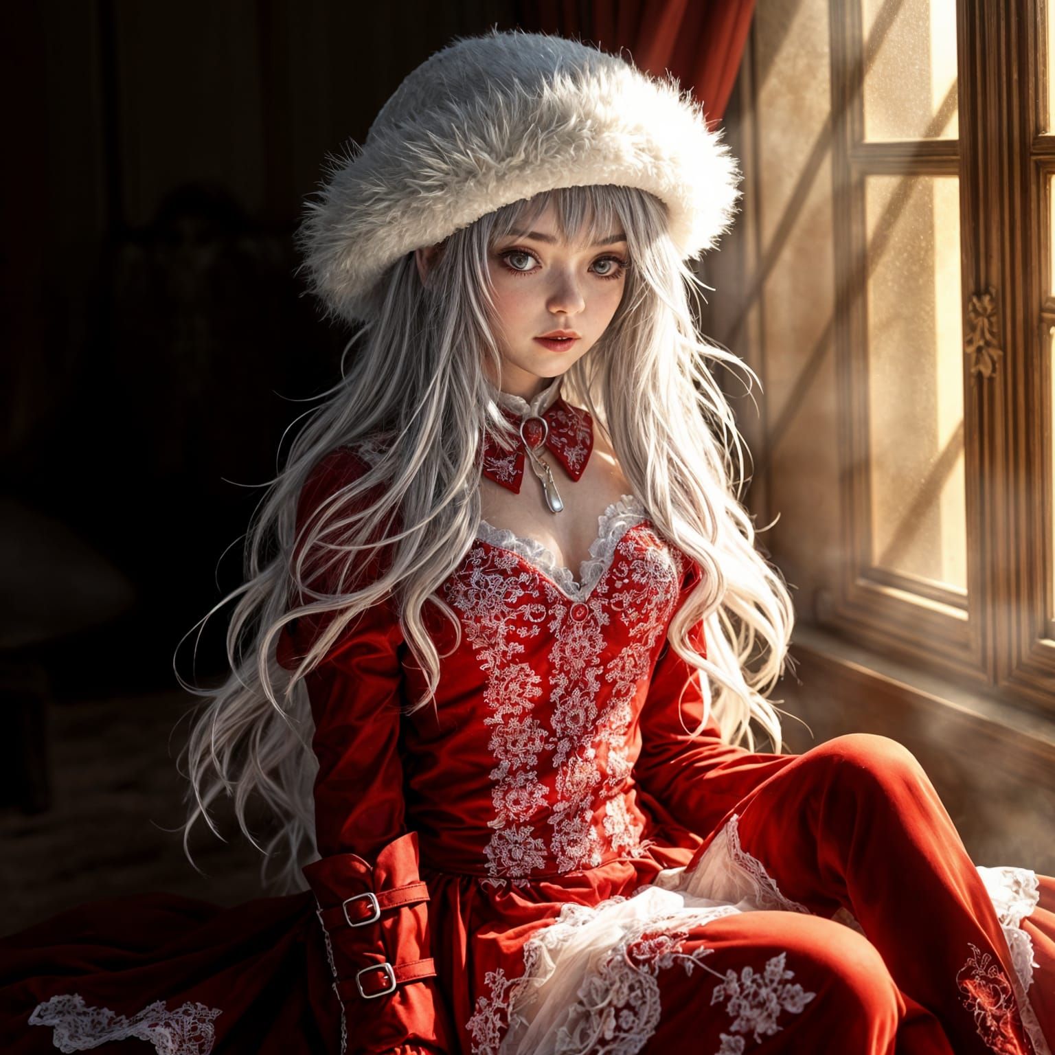 Romantic Gothic Girl in Elegant Red Outfit