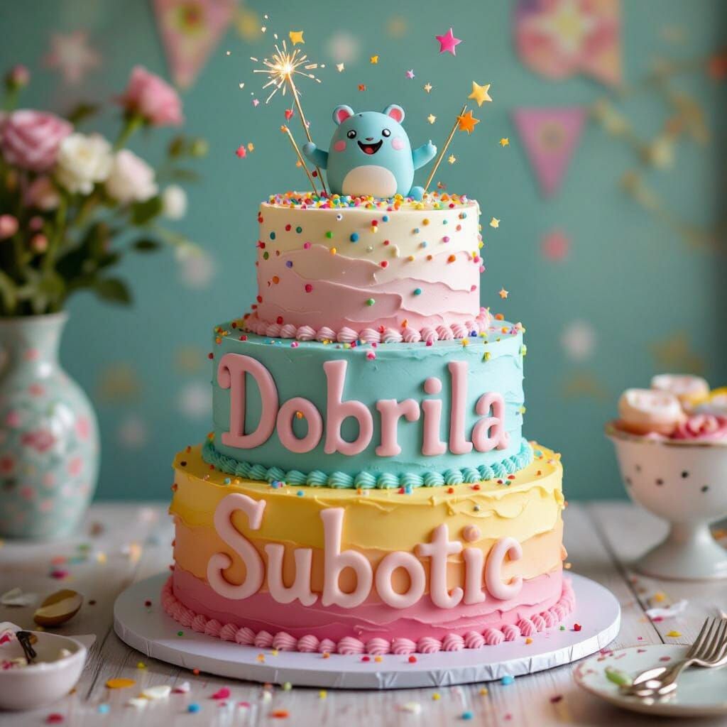 Surprise Cake with Cursive Name in Whimsical Style