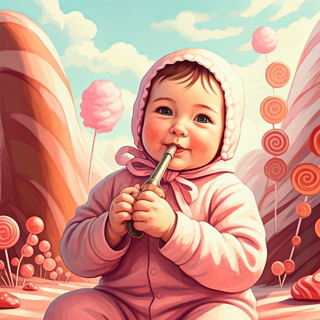 Baby in Candyland Holding Mouthpiece, Gouache Style