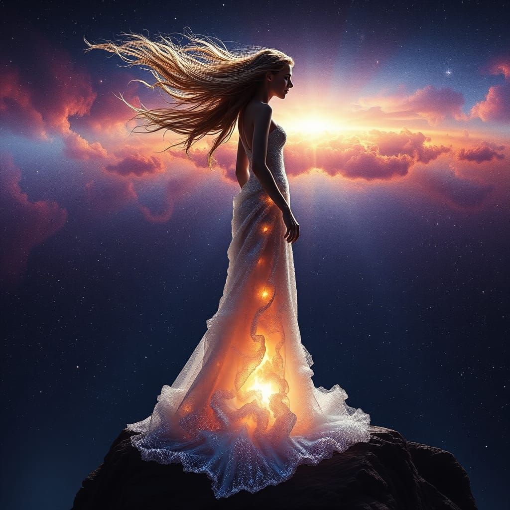 Celestial Woman on Cliff in Surreal Style