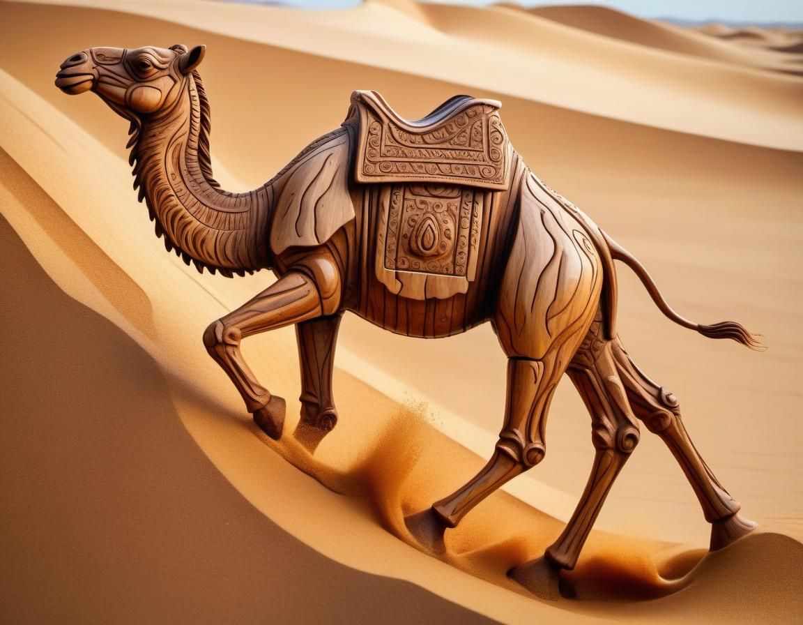 Wooden Camel in Desert: Hyperrealistic Splash Art