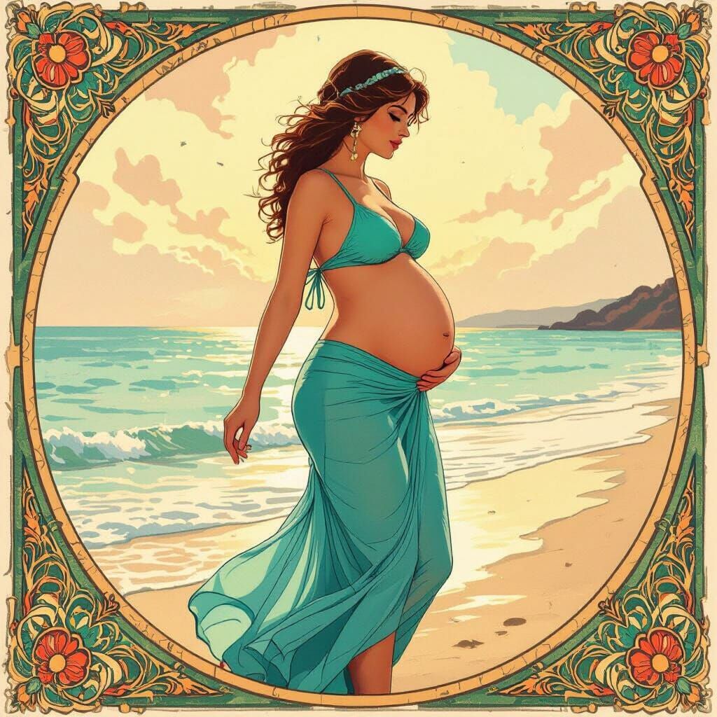 Pregnant Woman on Beach in Art Nouveau Style