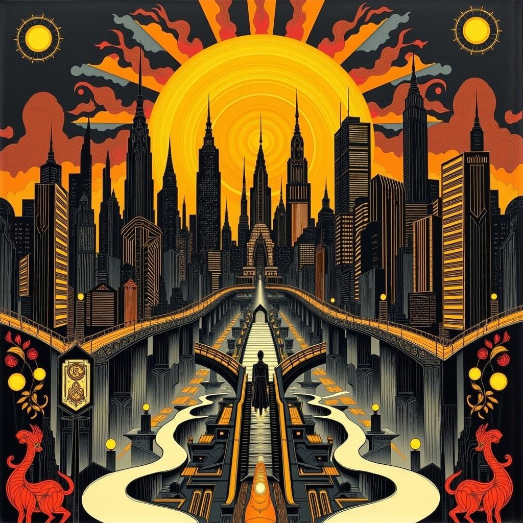 Surreal Art Deco Cityscape at Sunset